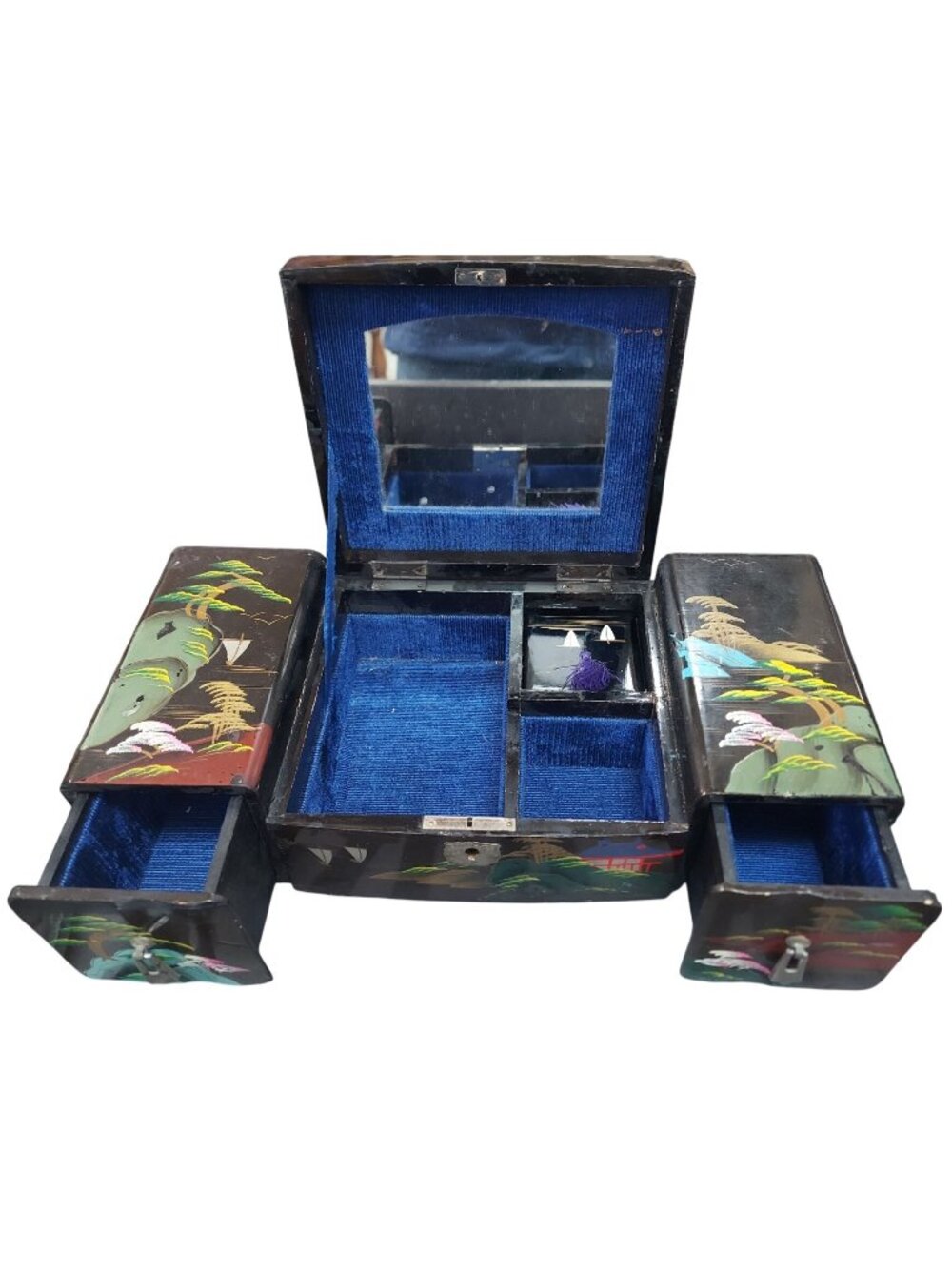 Vintage Hand-Painted Japanese Jewelry Box With Drawers Mirror And Velvet Lining